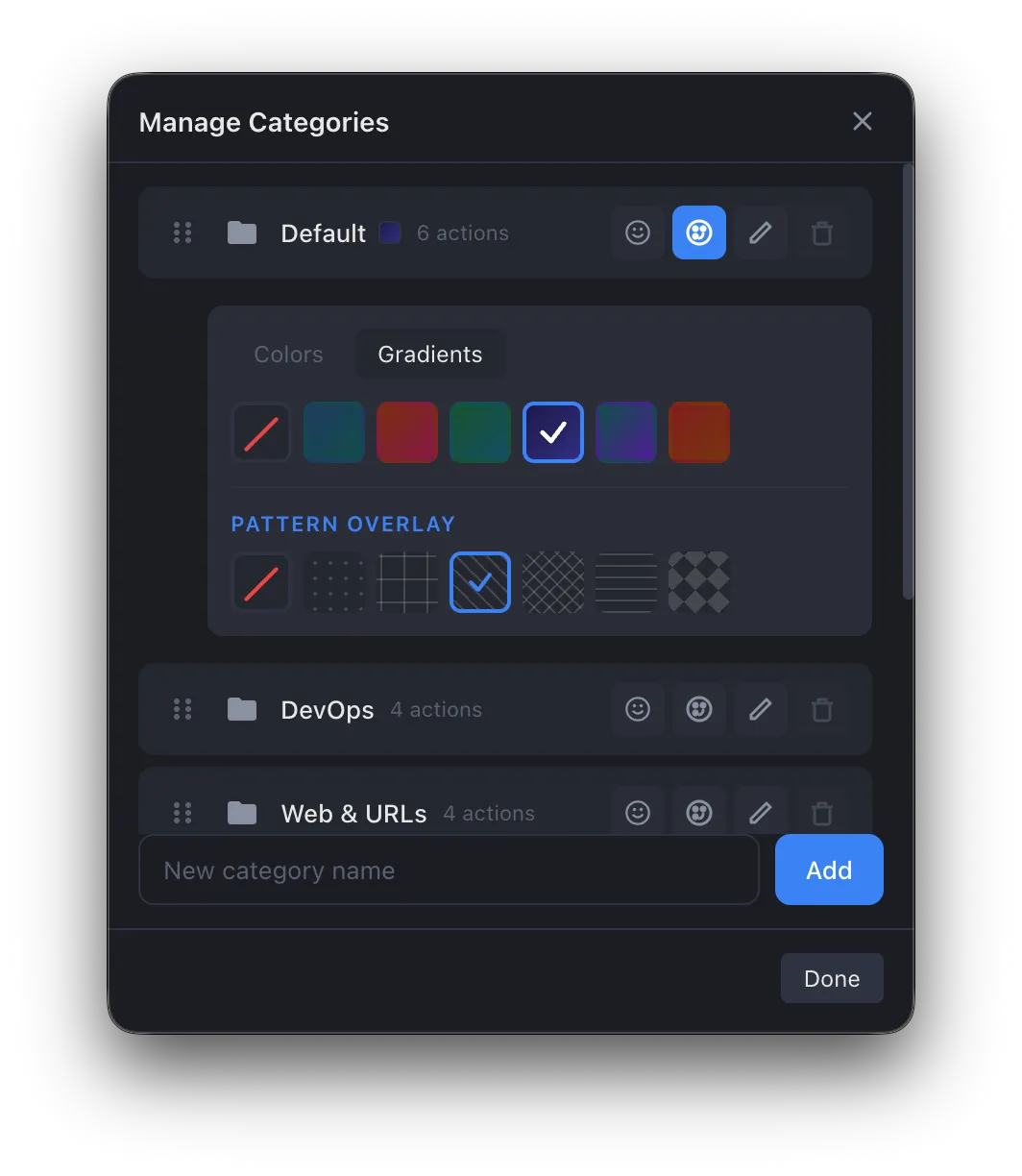 Manage Categories dialog — color-coded categories with action counts, color picker with gradients and pattern overlays, drag handles for reordering