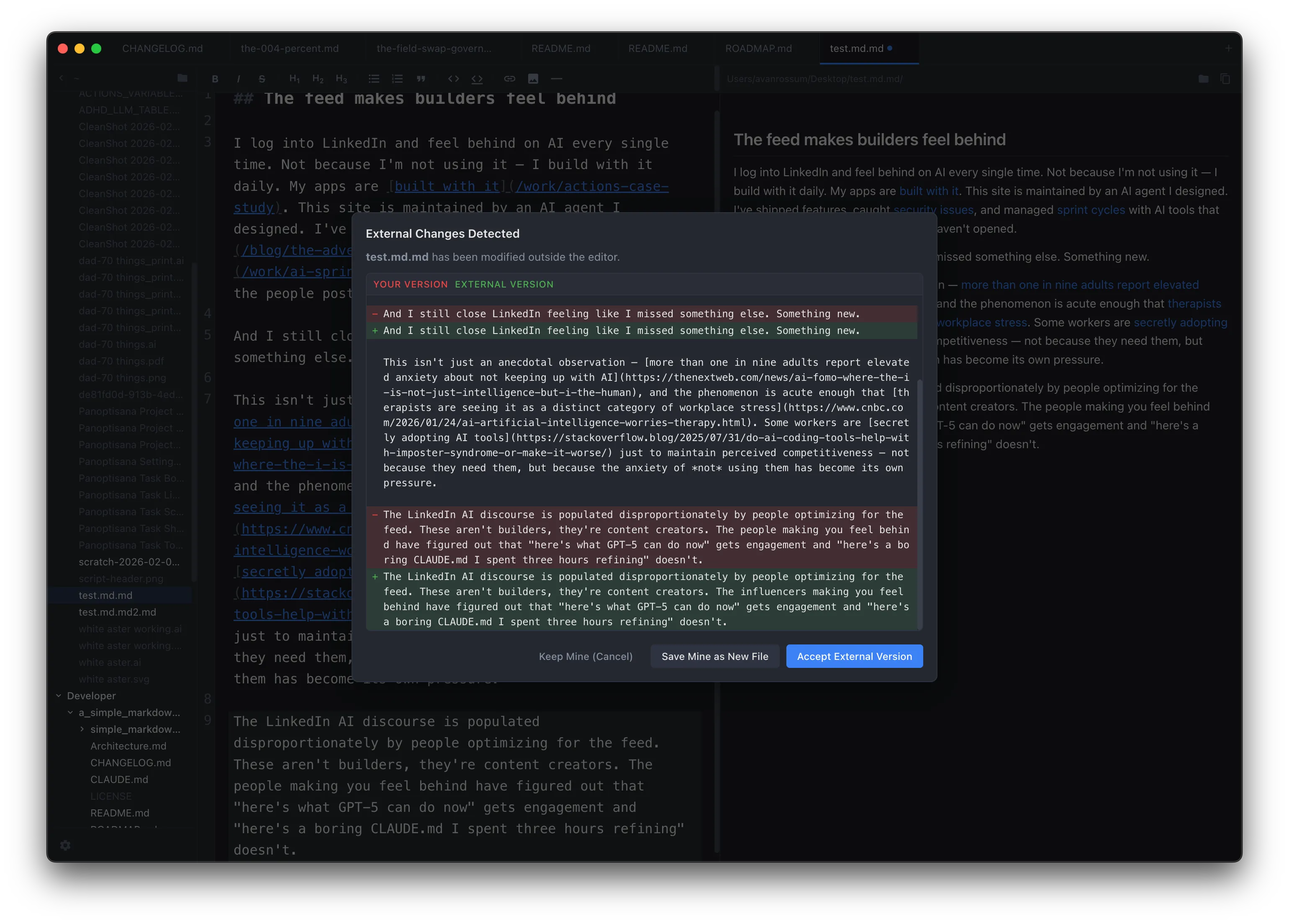 External change detection showing a diff view with color-coded changes, options to keep your version, accept external changes, or save as a new file