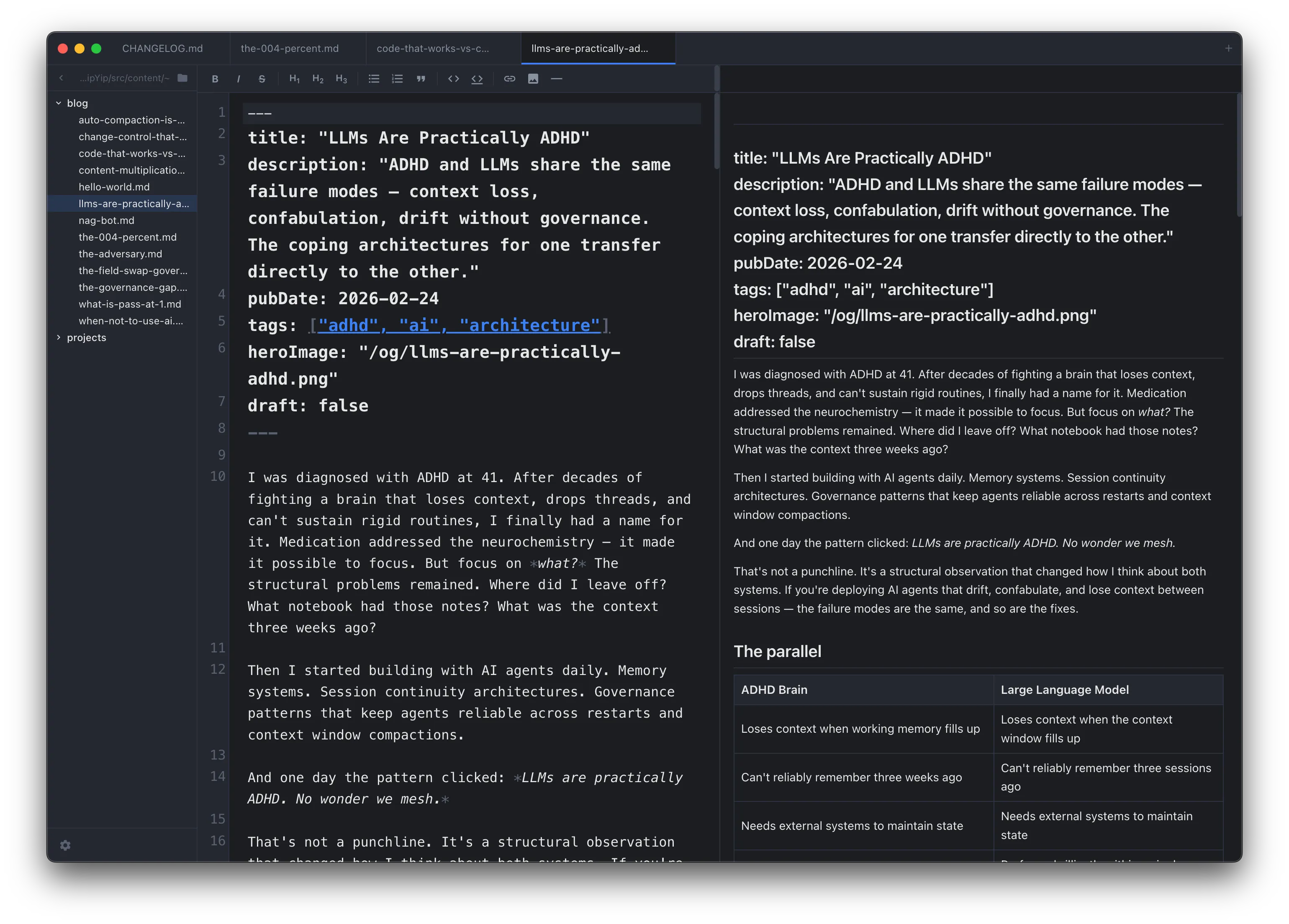Simple Markdown Editor showing three-pane layout — file browser, markdown editor with syntax highlighting, and live GitHub Flavored Markdown preview