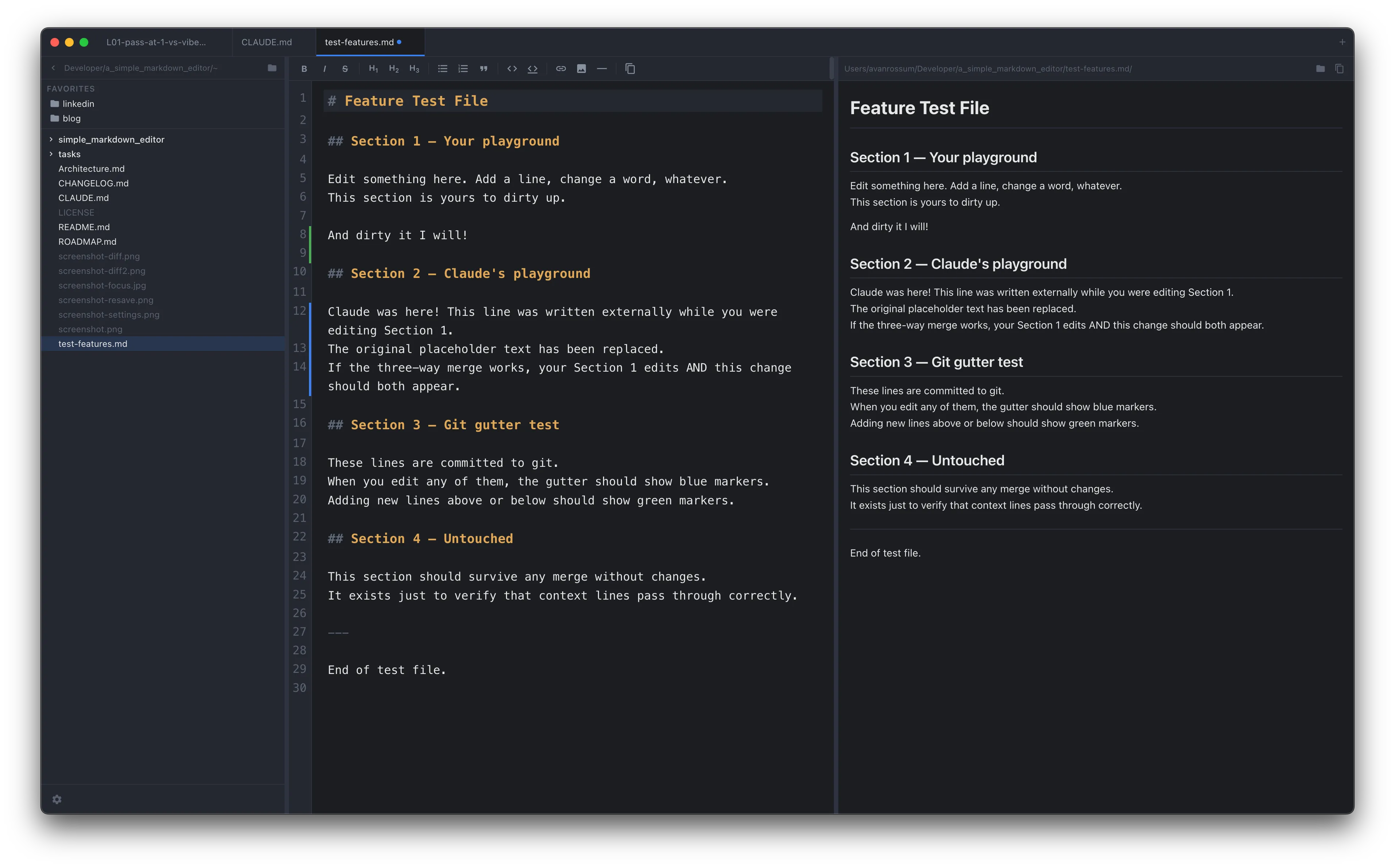 SideMark editor showing git gutter markers — green for added lines, blue for modified, red for deleted — alongside the three-pane layout