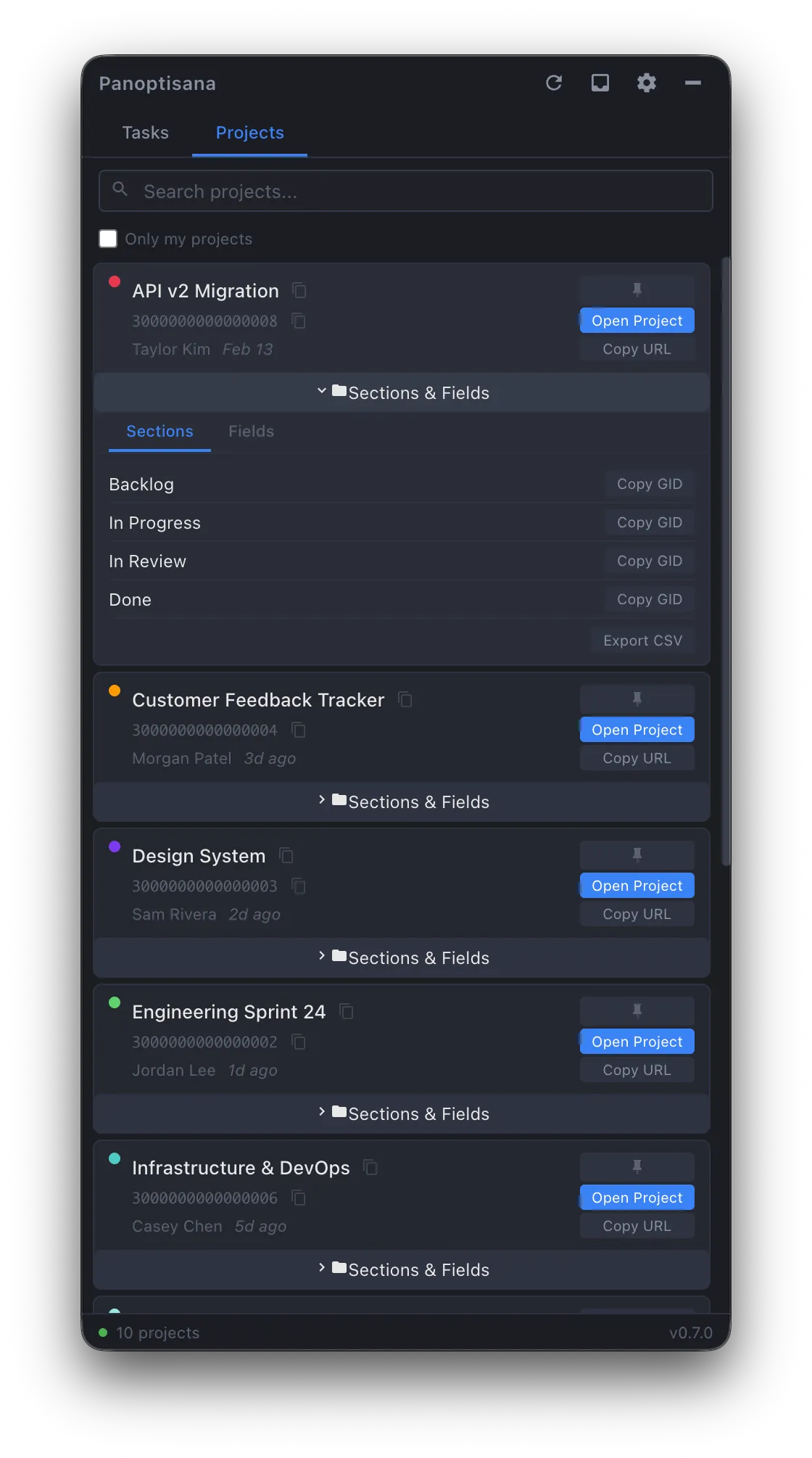 Panoptisana project list with expanded sections showing section GIDs, field GIDs, and CSV export options