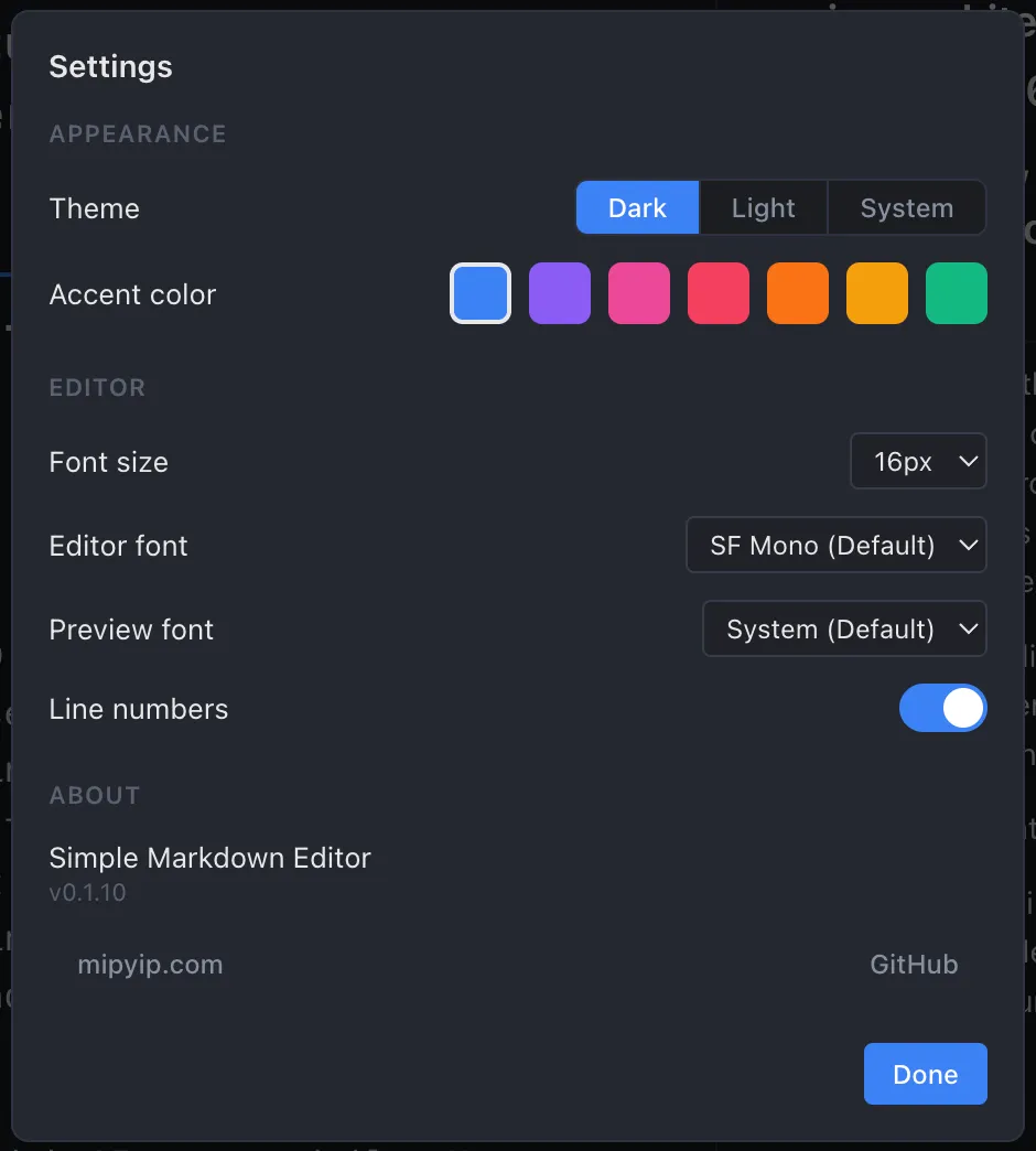 Simple Markdown Editor settings panel showing theme options, accent colors, font selection, and font size controls