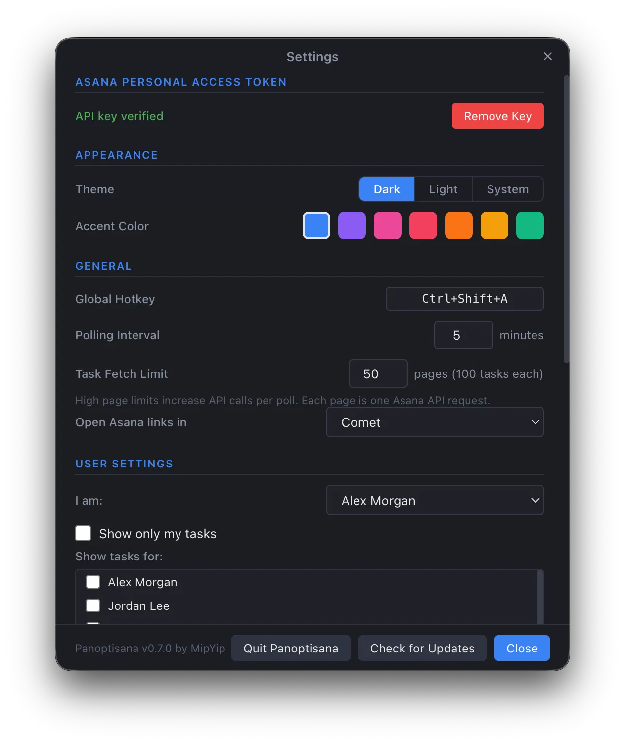 Panoptisana settings panel showing theme options, accent colors, global hotkey configuration, and polling settings