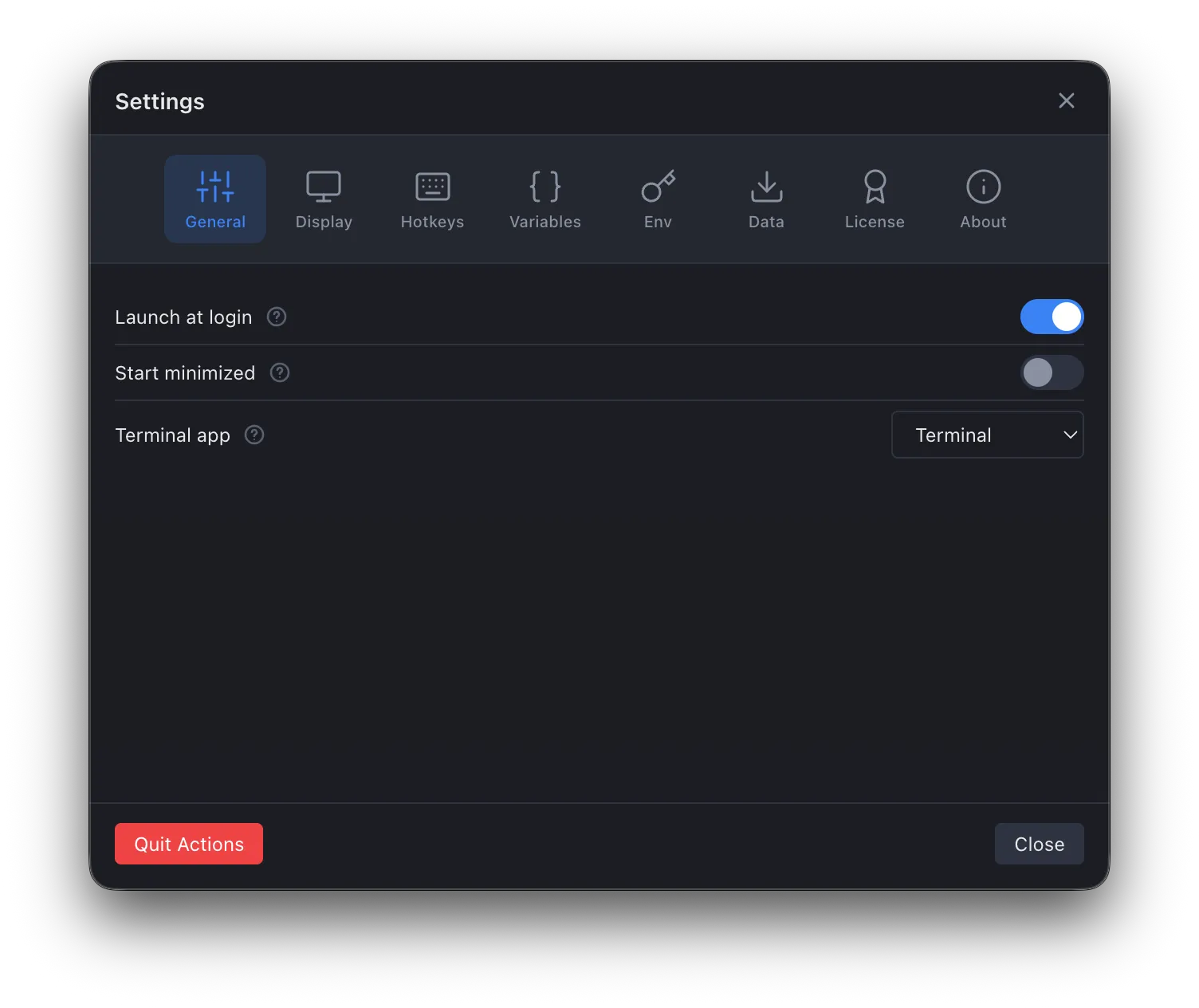 Settings window with General, Display, Hotkeys, Variables, Env, Data, License, and About tabs — launch at login, terminal app selection, and start minimized toggles