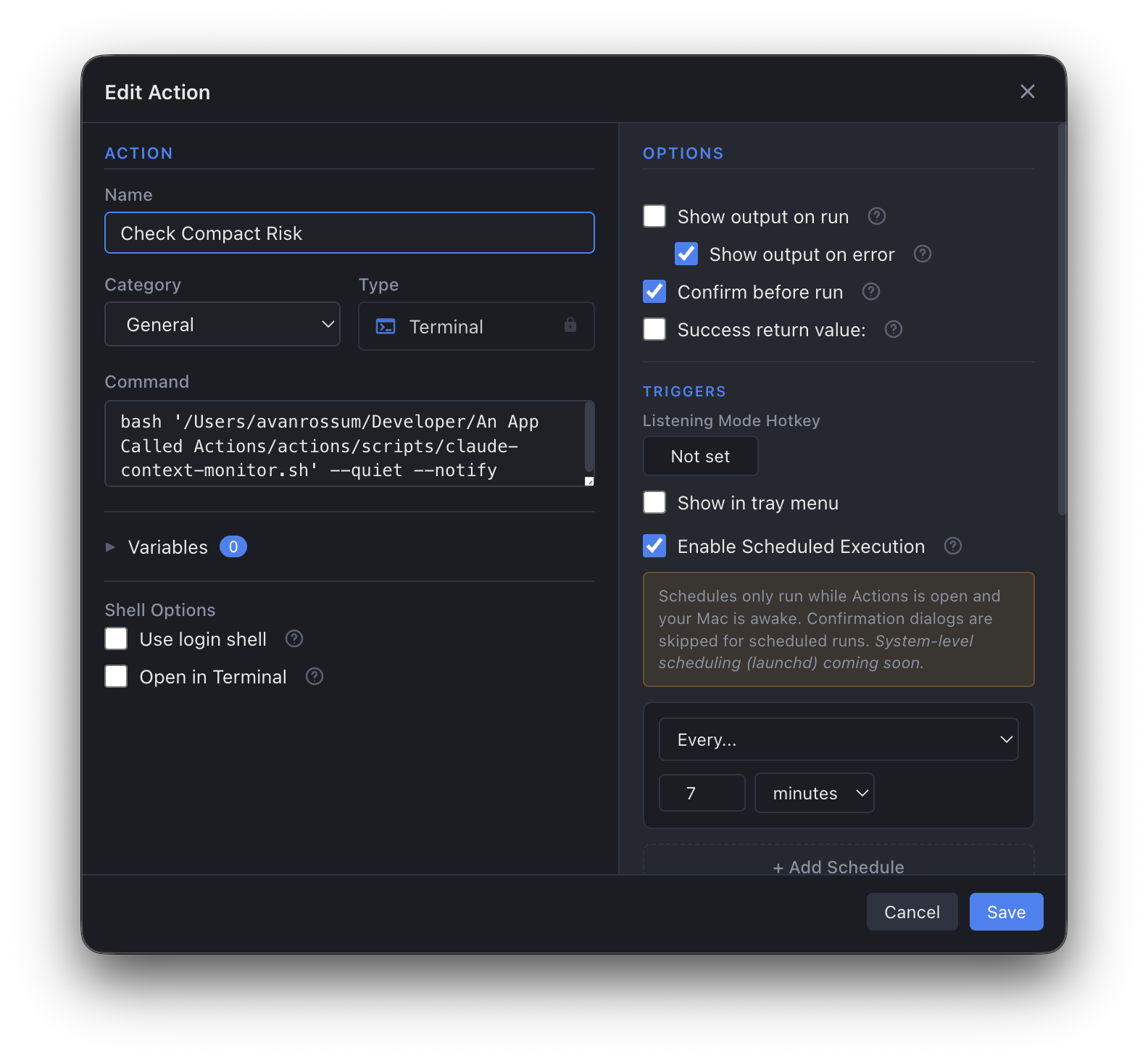 Actions configuration for the context monitor — scheduled every 7 minutes, output shown only on errors