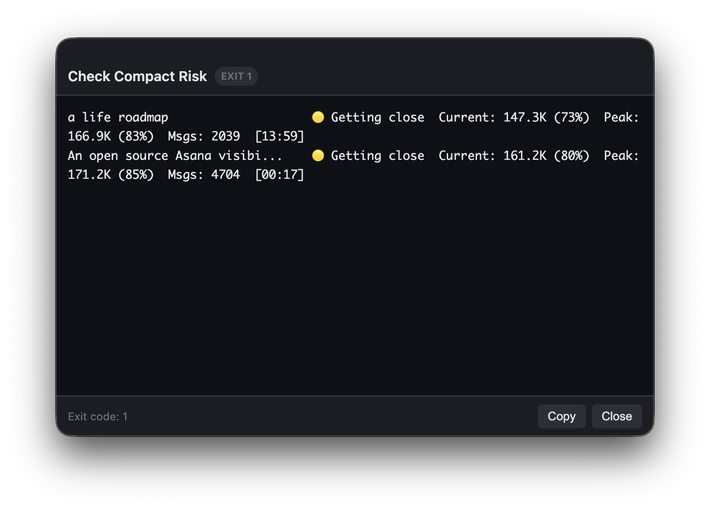 Terminal output showing two sessions approaching context limits