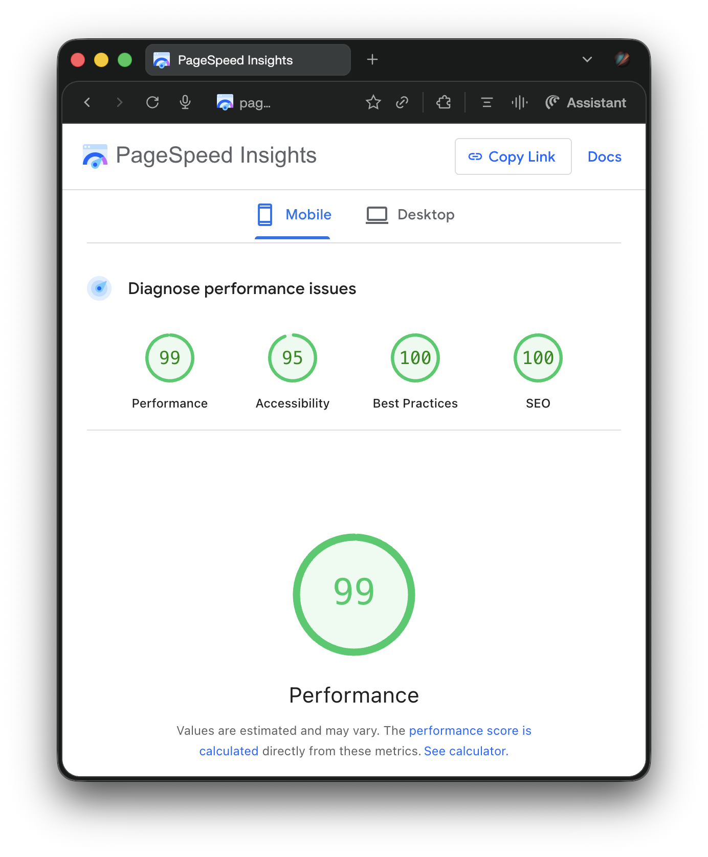 Astro PageSpeed Insights — Mobile: 99 Performance